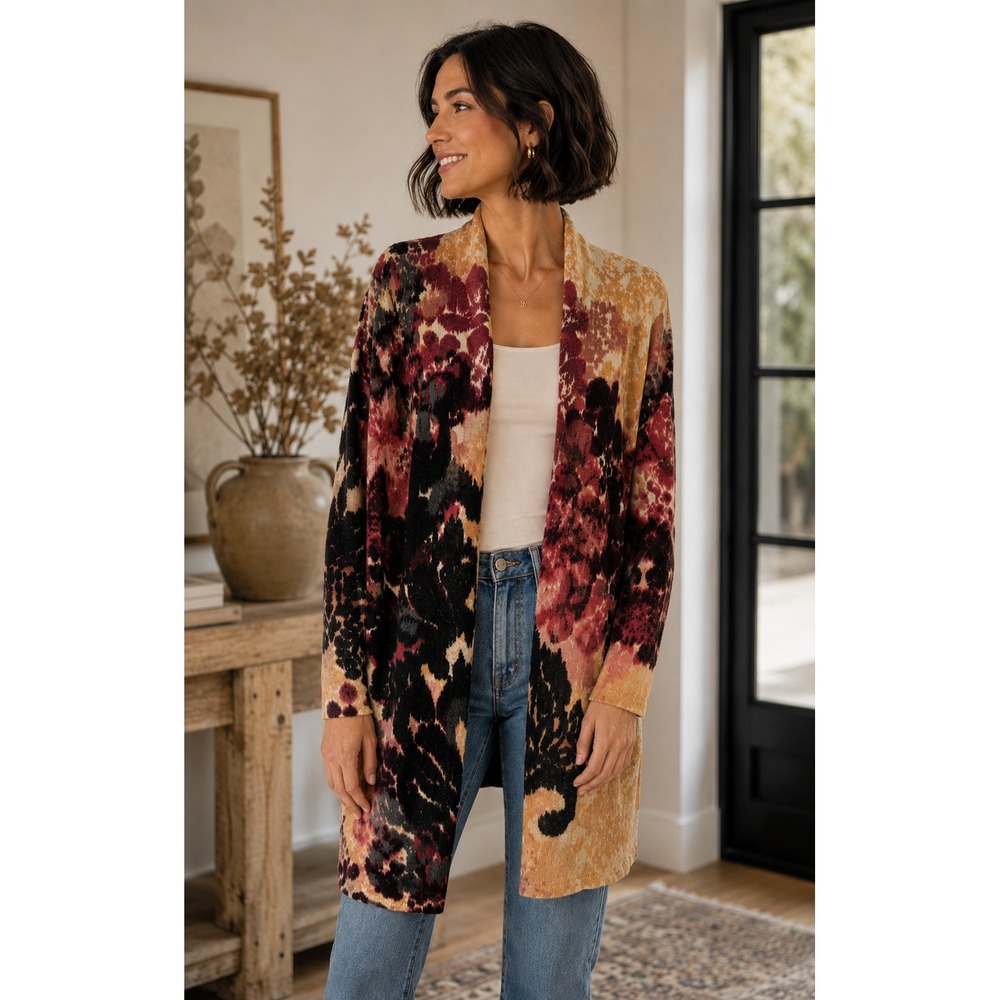 Chico's Cardigan Women M Multicolor Abstract Floral Long Open Front Earthy Fall